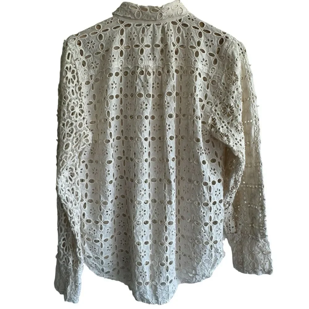 Free People FP One Yesenia Blouse M Crochet Embroidered Button Down Ivory Boho